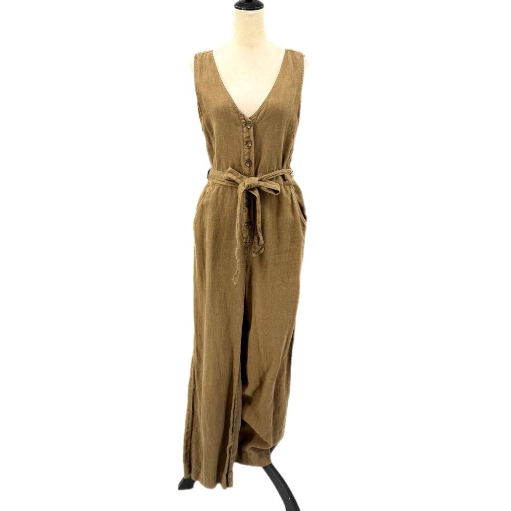 Faherty Alina 100% Linen Sleeveless Waist Tie V-Neck Pockets Button Jumpsuit - Picture 3 of 13